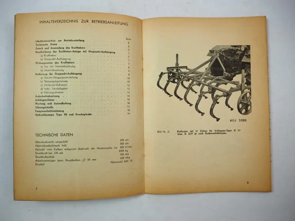 Original Fahr Kraftheber für D12 bis D270H Schlepper Betriebsanleitung 1957