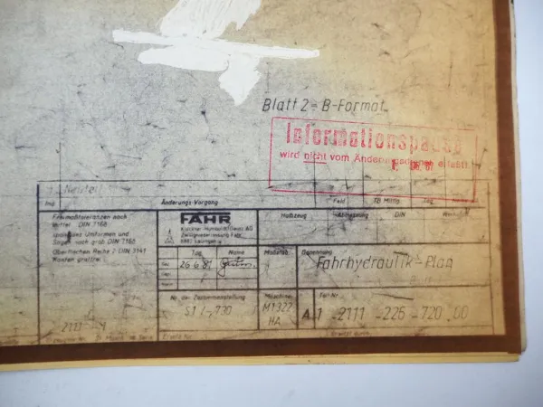 Original Fahr M1322 Mähdrescher Technische Zeichnung Fahrhydraulikplan 1981