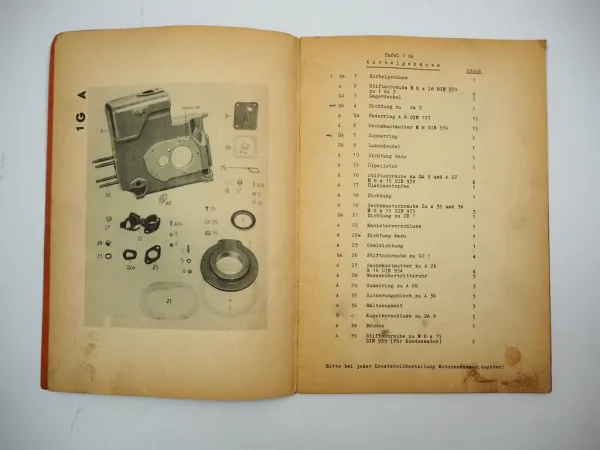 Original Farymann Diesel Gd Motor liegende Bauart Ersatzteilliste ca. 1957