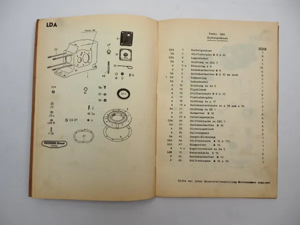 Original Farymann LD Dieselmotor 1 Zylinder Ersatzteilliste 1958