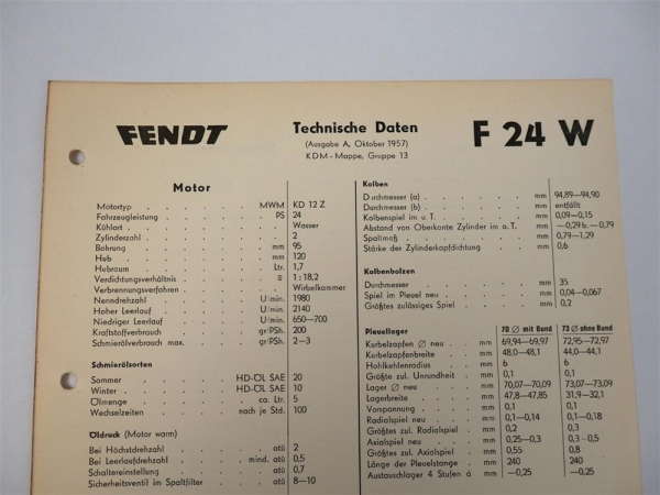 original Fendt Dieselross F 24 W Technische Daten 1957 Datenblatt F24W