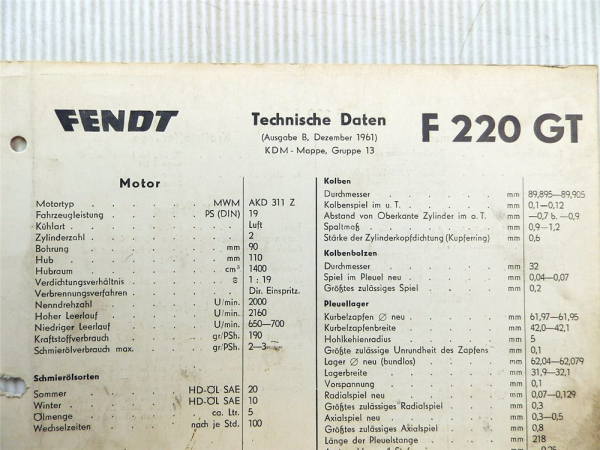 original Fendt F 220 GT Technische Daten 1961 Datenblatt Geräteträger