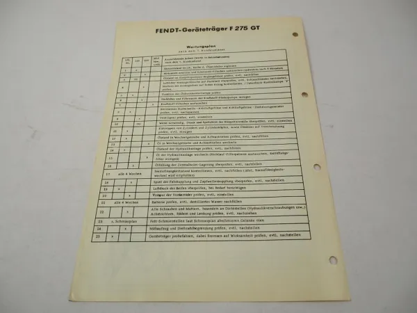 Original Fendt F 275 GT Geräteträger Schmier- und Wartungsplan Stand 12/1977