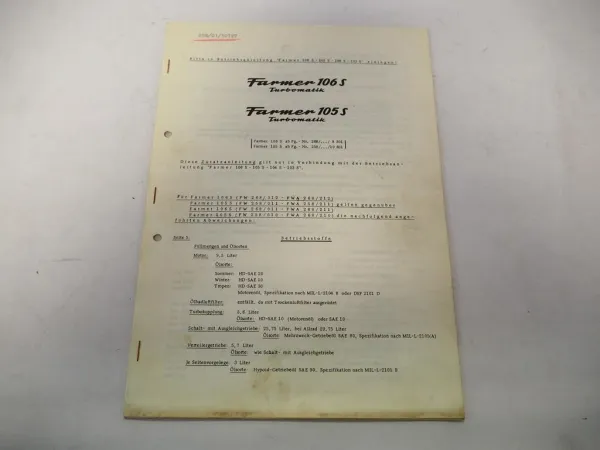 Original Fendt Farmer 105S 106S Ergänzung zur Betriebsanleitung ca. 1975