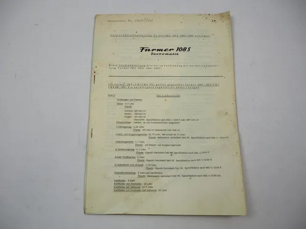 Original Fendt Farmer 108S Turbomatik Betriebsanleitung Ergänzung 1974