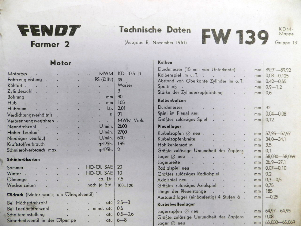 original Fendt Farmer 2 Typ FW 139 Technische Daten 1961 Datenblatt