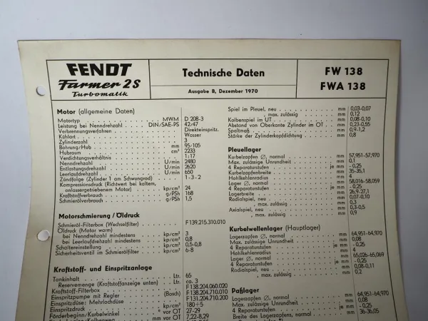 Original Fendt Farmer 2S FW138 FWA138 Ergänzung zur Betriebsanleitung 1970