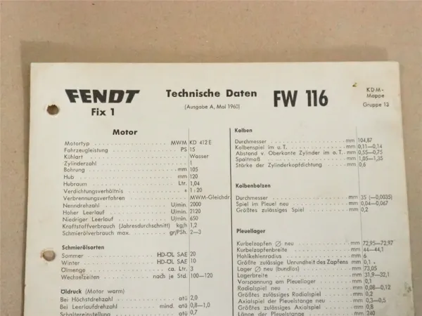 original Fendt Fix1 FW 116 Werkstatt Einstellwerte Technische Daten 1960