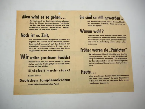 Original Flugblatt FDP Deutsche Jungdemokraten Wahlwerbung 1950er Jahre