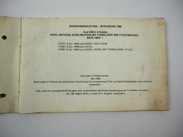 Original Ford 2701E 2703E 2704E Industriemotor Diesel Gas Betriebsanleitung 1969