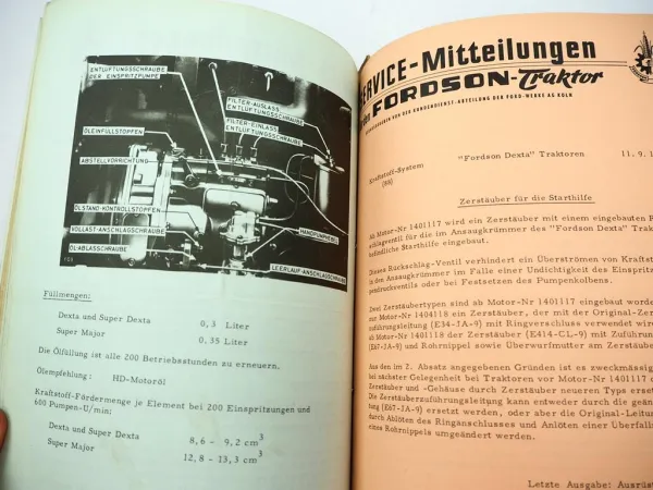 Original Fordson Dexta Traktor Service Mitteilungen 1958 - 1962 Werkstatthandbuch