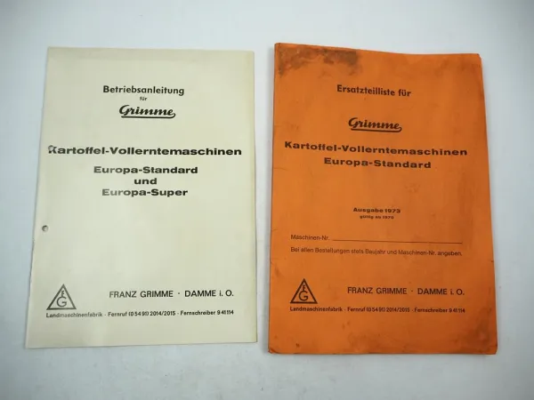 Original Grimme Europa Standard Betriebsanleitung Ersatzteilliste ab 1970