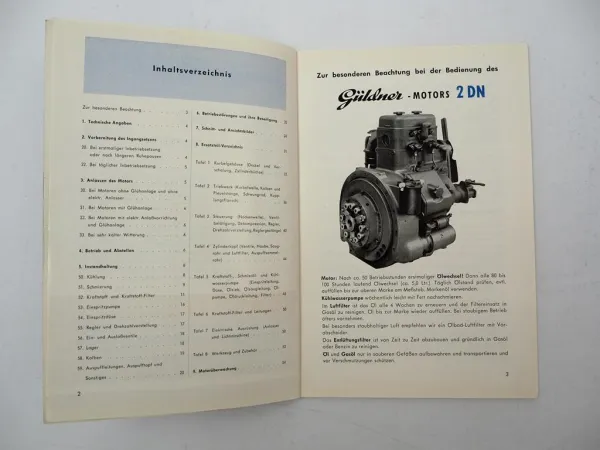 Original Güldner 2DN Dieselmotor Betriebsanleitung Wartung Ersatzteilliste 1958