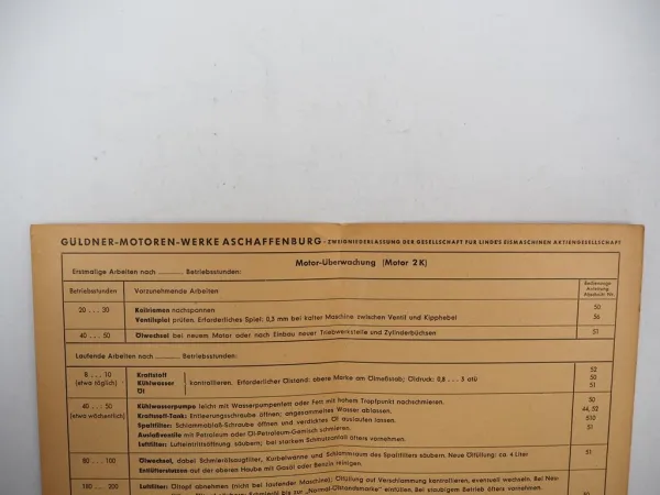 Original Güldner 2K Motor Wartungsplan ca. 1960
