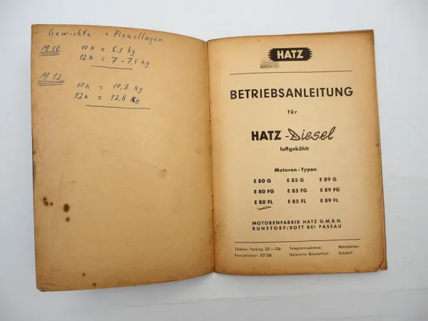 Original Hatz E 80 85 89 G FG FL Dieselmotor Betriebsanleitung Wartung 1961