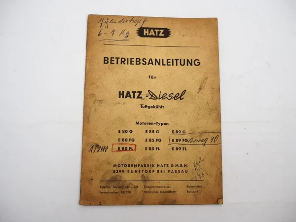 Original Hatz E 80 85 89 G FG FL Dieselmotor Betriebsanleitung Wartung 1962