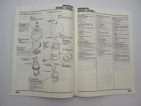 Original Honda GX240K1 GX270 GX340K1 GX390K1 Motor Werkstatthandbuch 1991