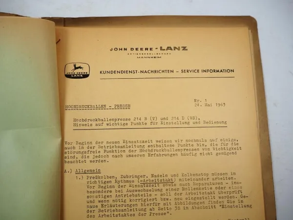 Original John Deere Lanz 214 B D Presse Kundendienst Nachrichten Service 1961/63