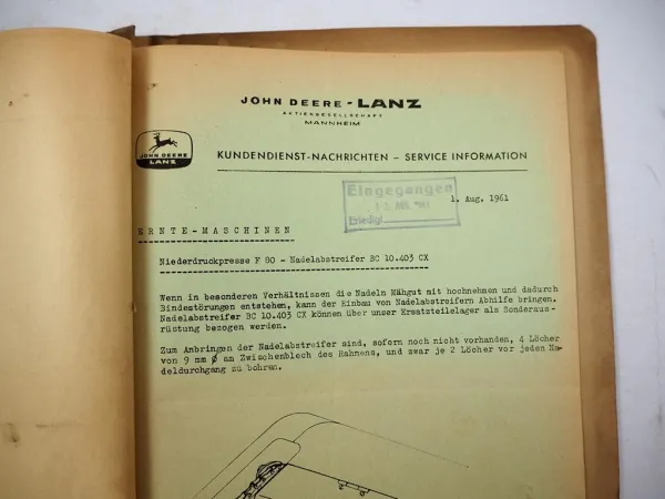 Original John Deere Lanz 214 B D Presse Kundendienst Nachrichten Service 1961/63