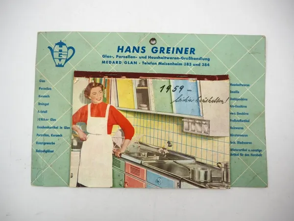 Original Kalender 1959 Hans Greiner Haushaltswaren Medard Glan Werbeartikel
