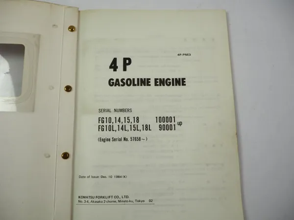 Original Komatsu 4P Gasoline Engine FG 10 14 15 18 L Forklift Parts Book 1984