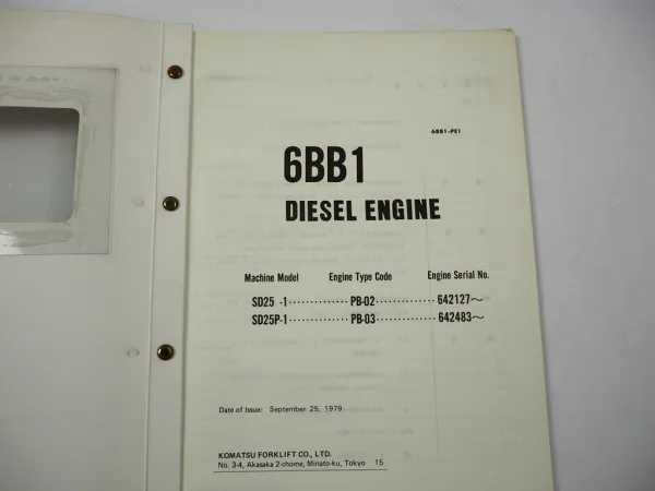 Original Komatsu 6BB1 Diesel Engine for SD 25 25P -1 Loader Parts Book 1979