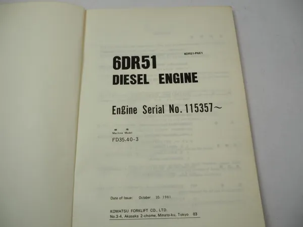 Original Komatsu 6DR51 Diesel Engine for FD 35 40 -3 Forklift Parts Book 1981