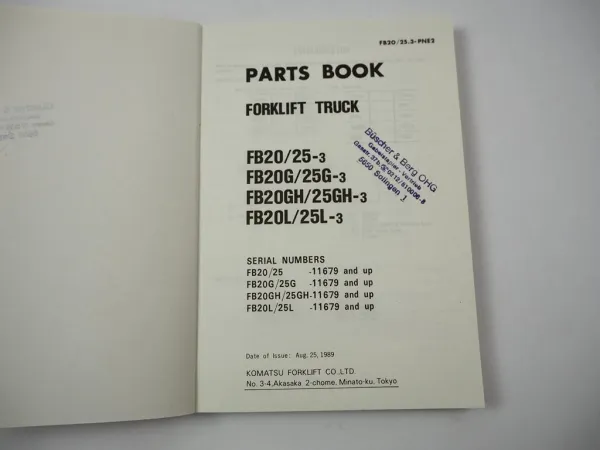 Original Komatsu FB 20 25 G GH L -3 Forklift Parts List Ersatzteilliste 1989