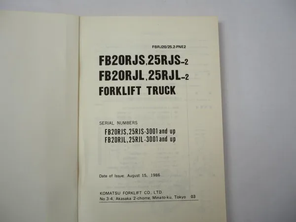 Original Komatsu FB 20 25 RJS RJL -2 Forklift Parts List Ersatzteilliste 1986