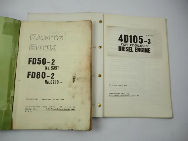 Original Komatsu FD 50 60 -2 Forklift Truck + Engine 4D105-3 Parts Book 1976/79