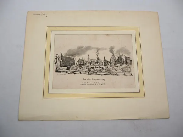 Original Kreidelithografie Hamburg Jungfernstieg nach Brand 1842 D. Leudesdorf