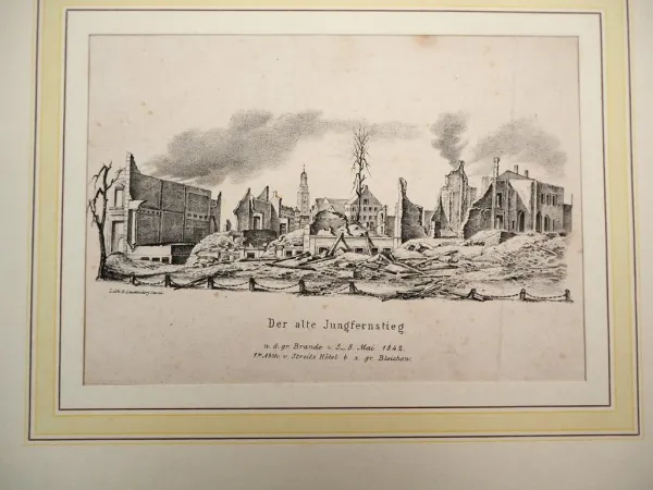 Original Kreidelithografie Hamburg Jungfernstieg nach Brand 1842 D. Leudesdorf