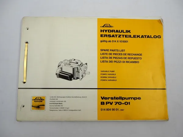 Original Linde BPV70-01 Hydraulik Verstellpumpe Ersatzteilliste 1987