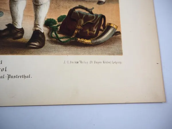 Original Lithographie Schützentrachten Tirol Ötztal Wipptal Pustertal ca. 1870