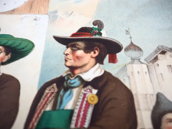 Original Lithographie Schützentrachten Tirol Ötztal Wipptal Pustertal ca. 1870