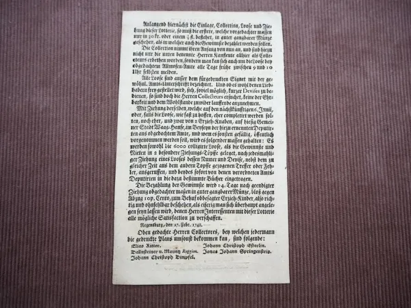 Original Lotterie Ankündigung Regensburg 1748 Almosenamt Gewinne Prämien