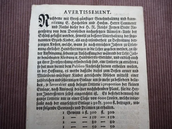 Original Lotterie Ankündigung Regensburg 1748 Almosenamt Gewinne Prämien