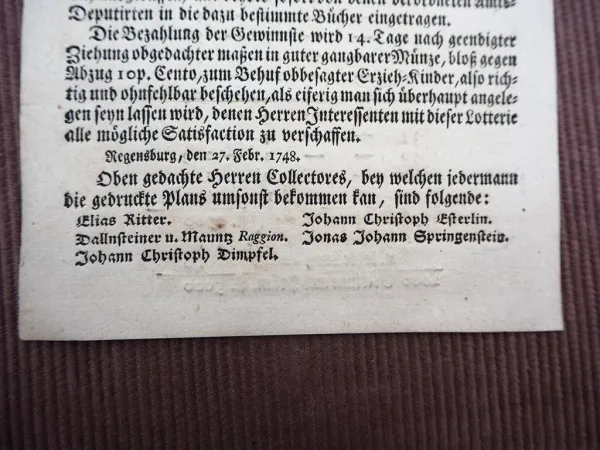 Original Lotterie Ankündigung Regensburg 1748 Almosenamt Gewinne Prämien