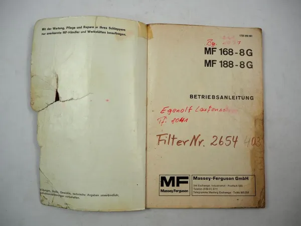Original Massey Ferguson MF 168-8G 188-8G Schlepper Betriebsanleitung 1975