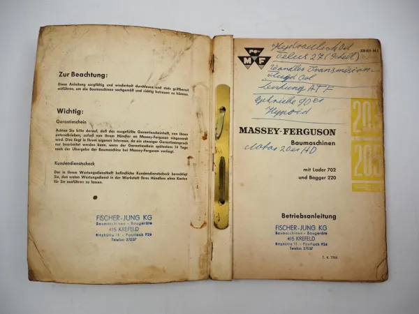 Original Massey Ferguson MF 203 205 Baumaschine mit 702 220 Betriebsanleitung