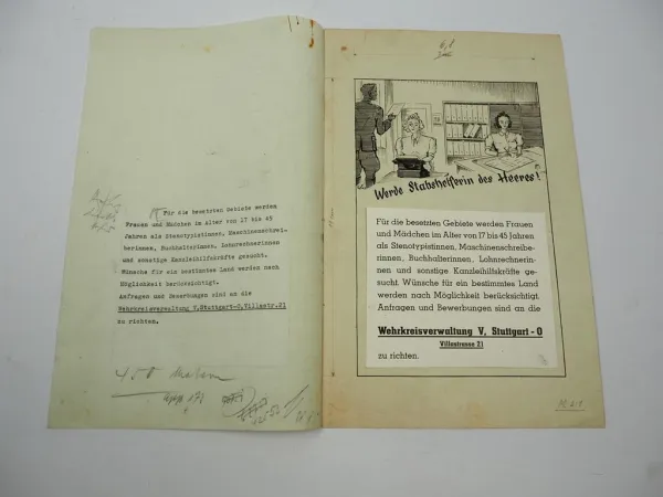 Original Matern Werbeentwurf Werde Stabshelferin des Heeres Stuttgart 1943