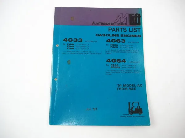 Original Mitsubishi 4G33 4G63 4G64 Engine for FG Forklift Truck Parts List 1991