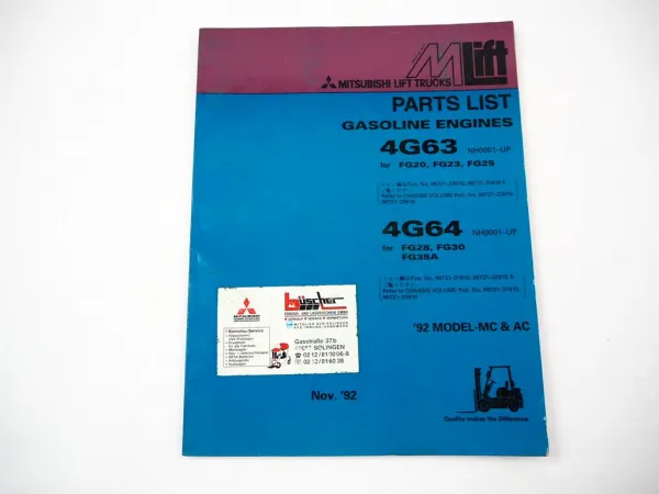 Original Mitsubishi 4G63 4G64 Engine for FG Forklift Truck Parts List 1992