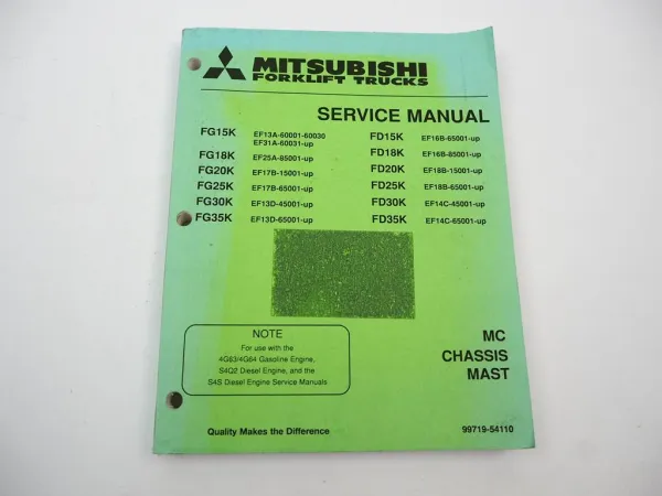 Original Mitsubishi FG FD 15 18 20 25 30 35 K Forklift Truck Service Manual 1999