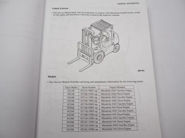 Original Mitsubishi FG FD 15 18 20 25 30 35 K Forklift Truck Service Manual 2000