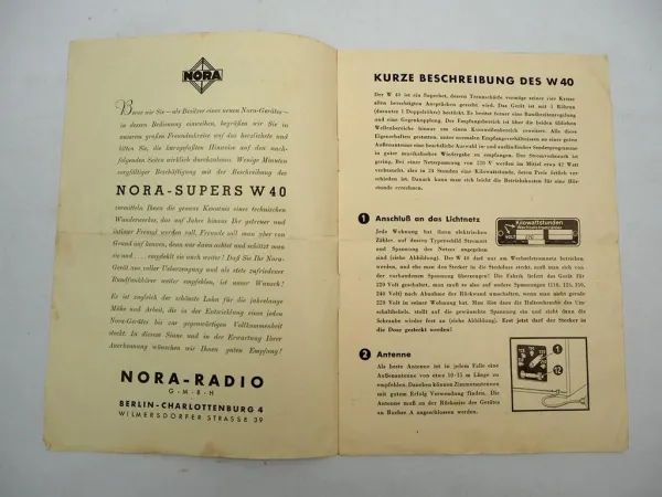 Original Nora W40 Vierkreis Super Radio Betriebsanleitung 1940 Berlin