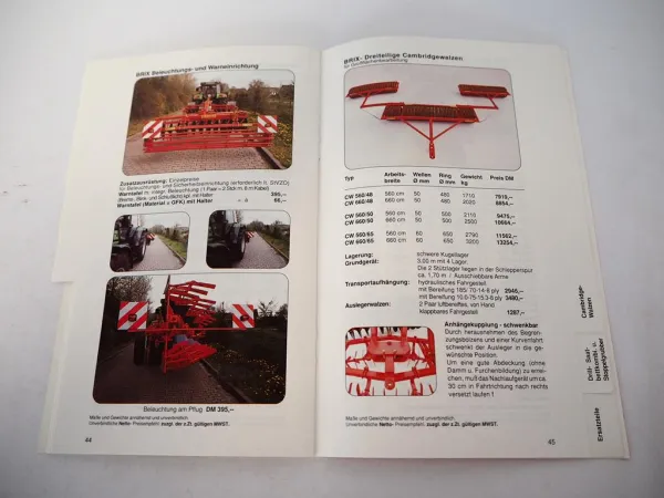 Original Preisliste Brix Pflüge Walzen Eggen Grubber Anbaugeräte Traktoren 1991