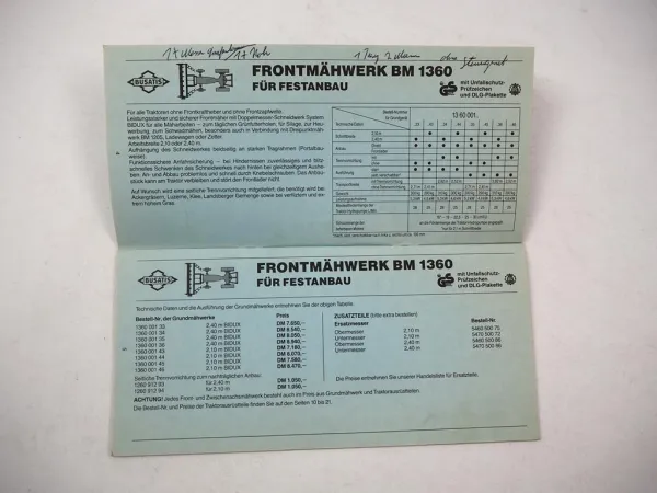 Original Preisliste Busatis Mähmaschinen Mähwerke Fingerbalken 1989