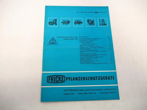 Original Preisliste Fricke Spritzgeräte Sprühgeräte Pumpen z.B. an Unimog 1970