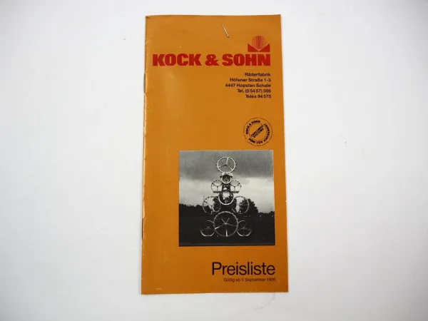 Original Preisliste Kock & Sohn Räder Felgen Arbeitsgeräte für Schlepper 1986